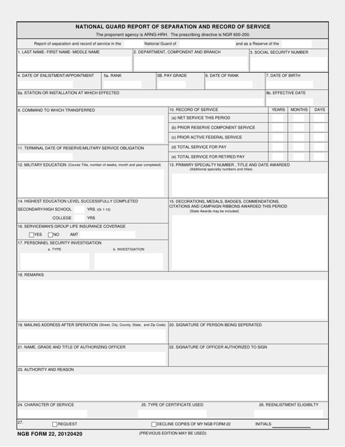 NGB Form 22 National Guard Report of Separation and Record of Service