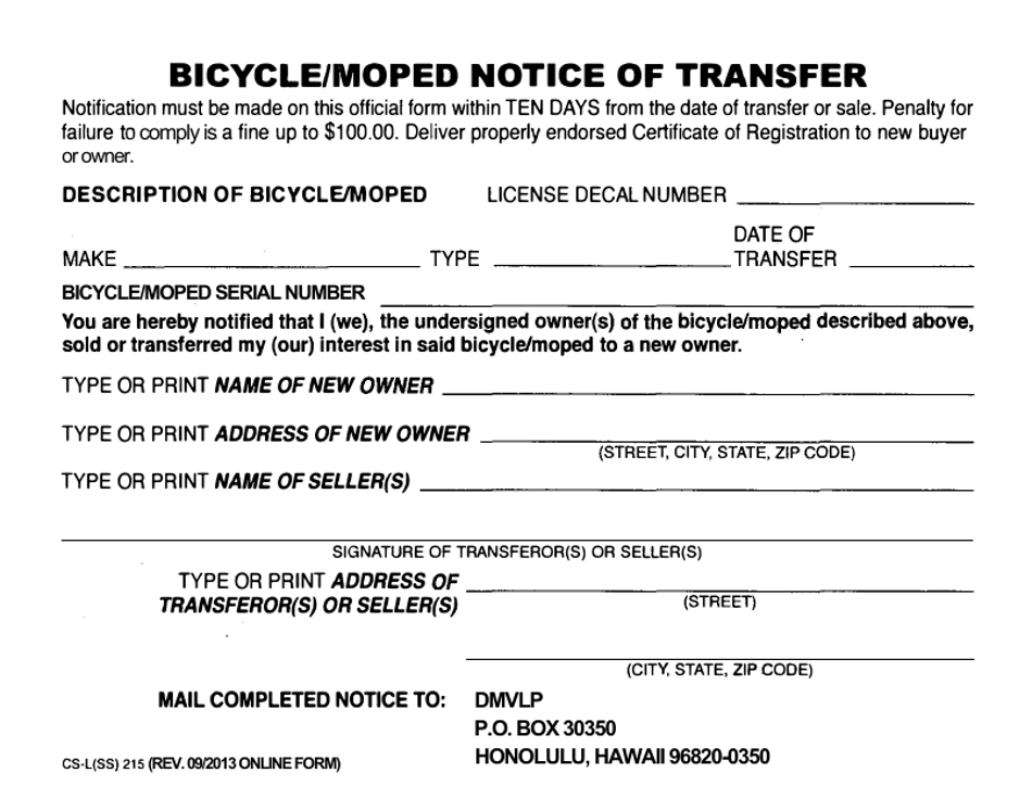 Form CS-L(SS)215 Bicycle / Moped Notice of Transfer - Hawaii, Page 2