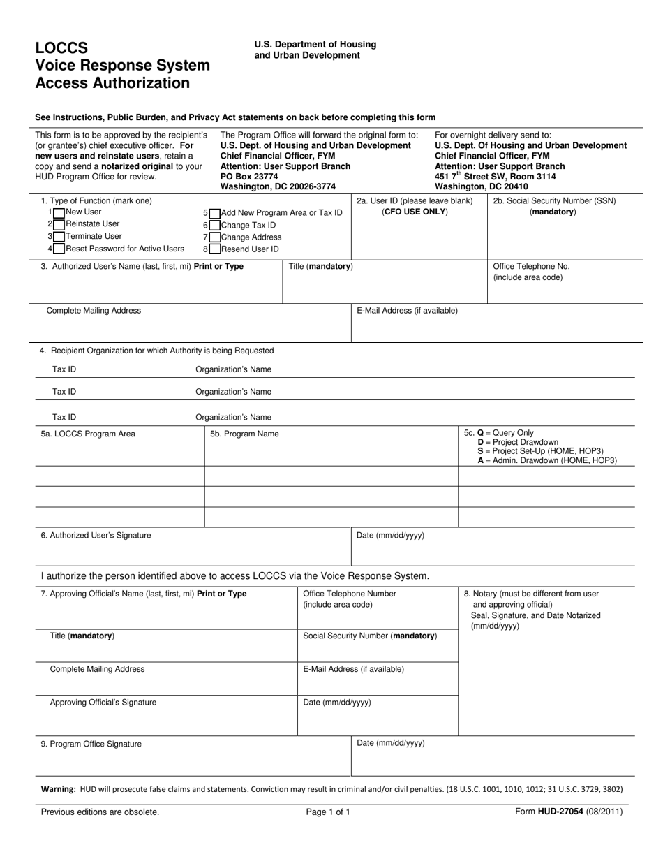 Form HUD-27054 Loccs Voice Response System Access Authorization, Page 1
