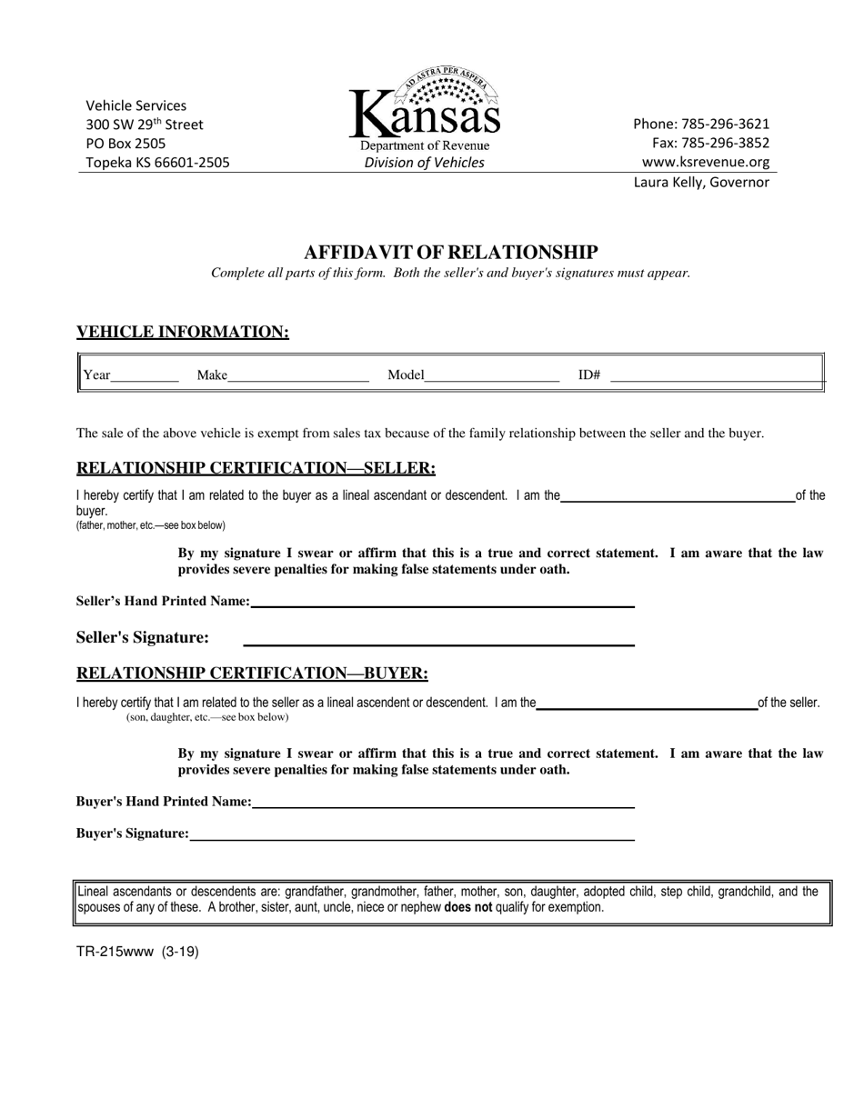 Form TR-215 Affidavit of Relationship - Kansas, Page 1