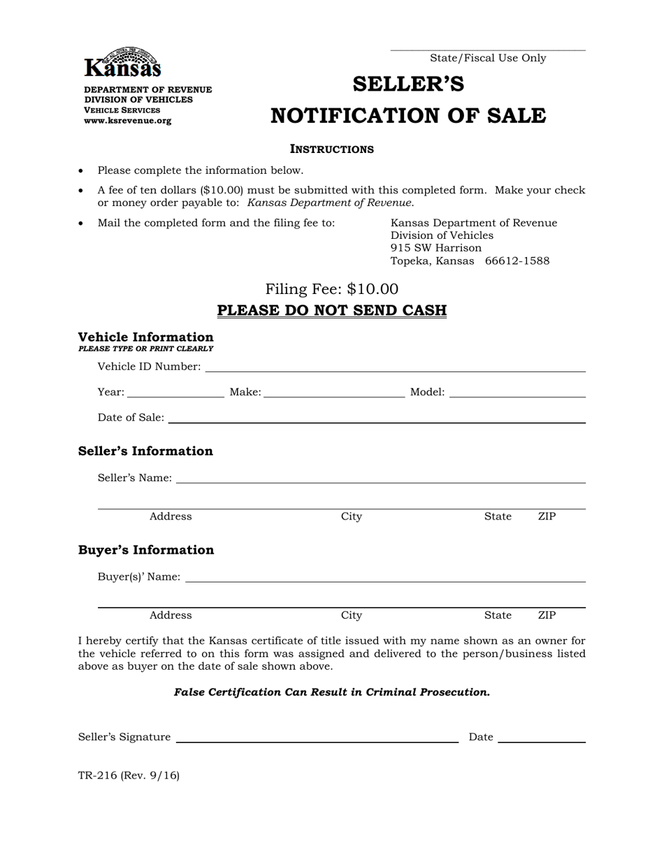 Form TR-216 Sellers Notification of Sale - Kansas, Page 1