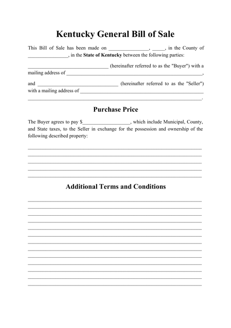Kentucky Generic Bill of Sale Form Download Printable PDF | Templateroller