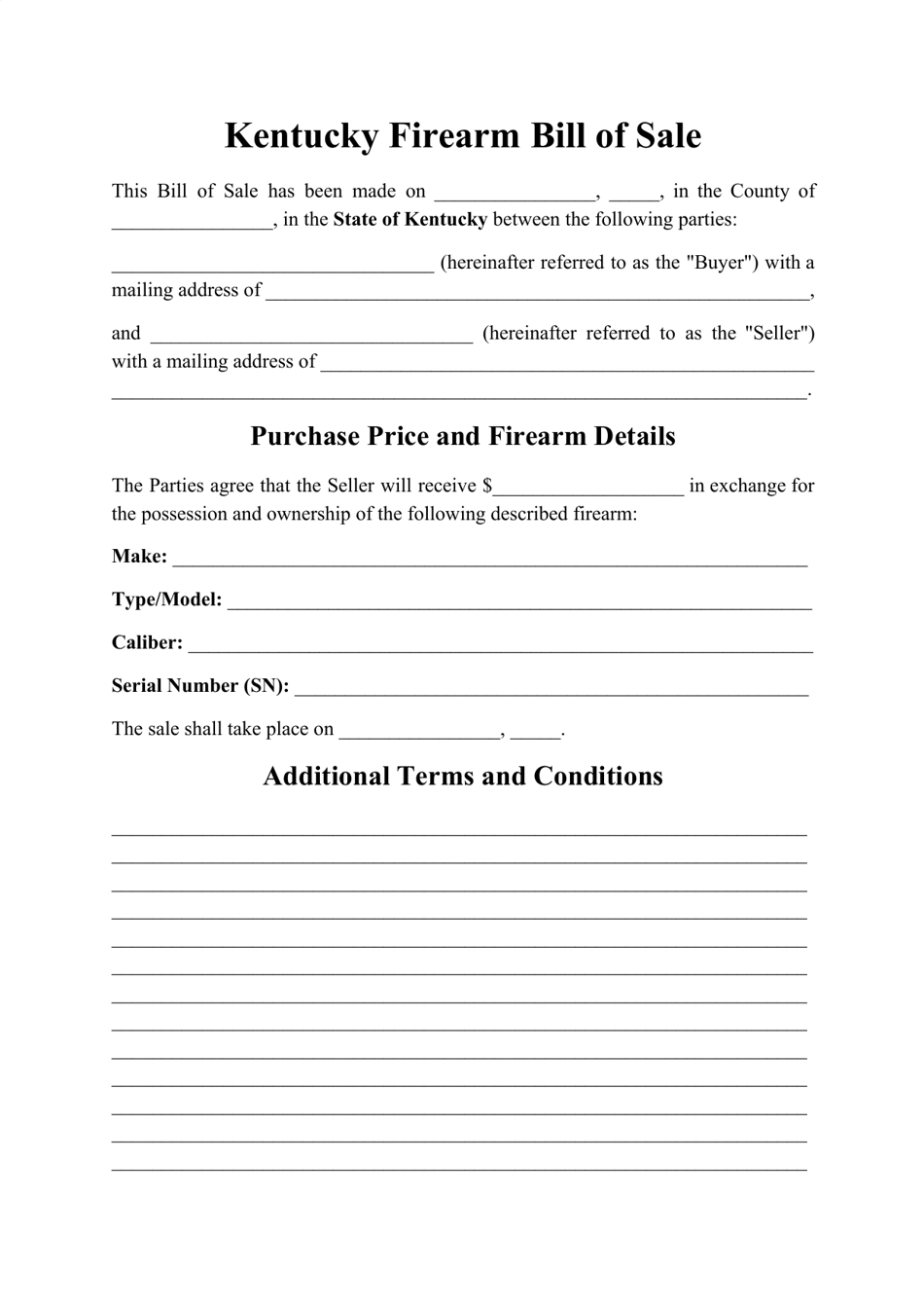 Kentucky Firearm Bill of Sale Form Fill Out, Sign Online and Download