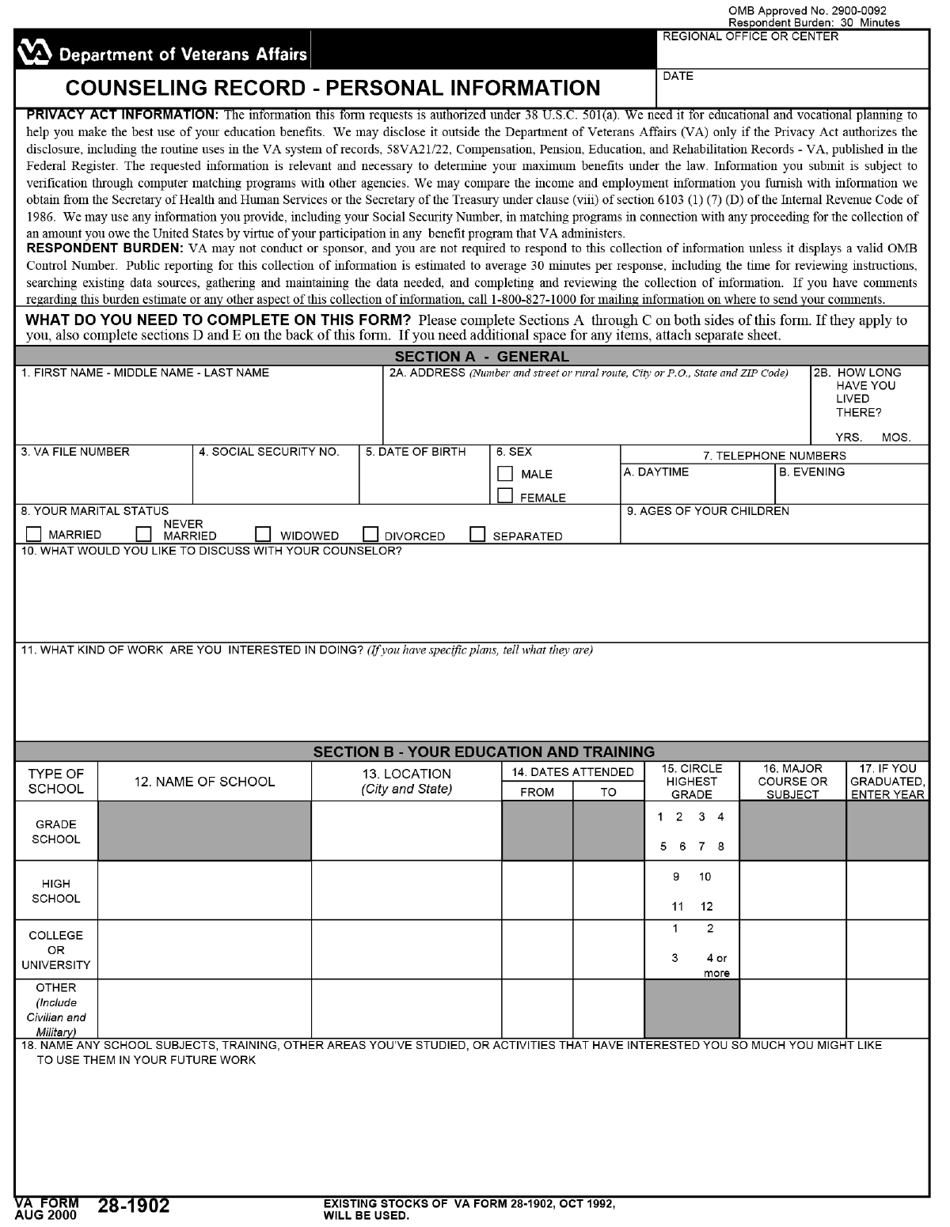 VA Form 28-1902 Counseling Record - Personal Information, Page 1