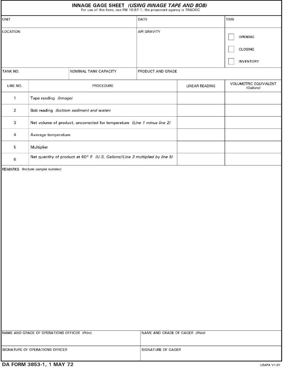 DA Form 3853-1 Innage Gage Sheet (Using Innage Tape and Bob), Page 1