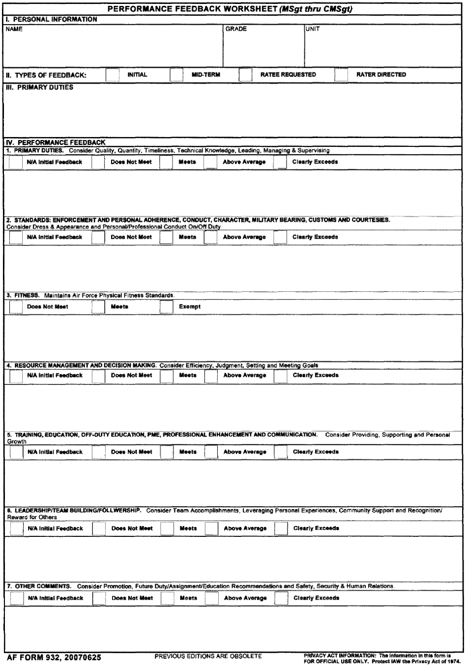 VA Form 932 Performance Feedback Worksheet (MSGT Thru CMSgt), Page 1