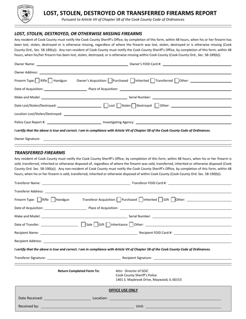 Lost, Stolen, Destroyed or Transferred Firearms Report Form - Cook County, Illinois