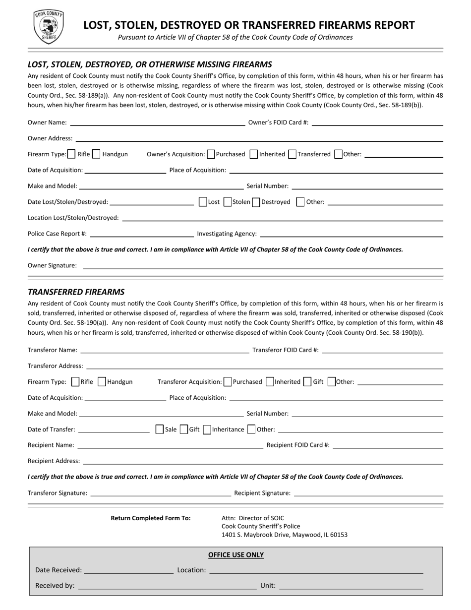 Lost, Stolen, Destroyed or Transferred Firearms Report Form - Cook County, Illinois, Page 1