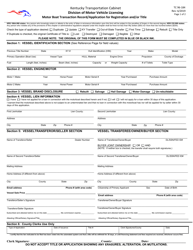 Form TC96-184 Motor Boat Transaction Record/Application for Registration and/or Title - Kentucky