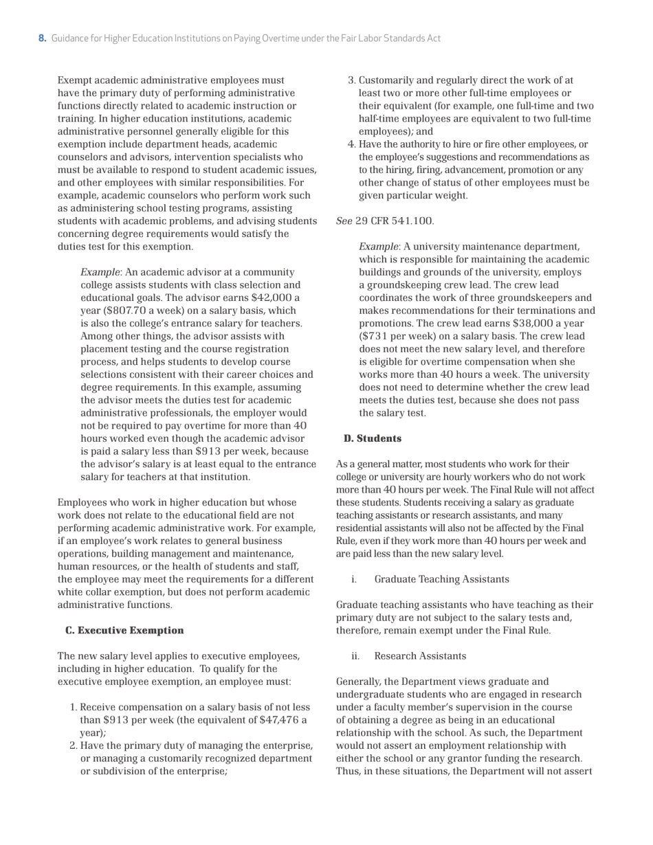 Guidance for Higher Education Institutions on Paying Overtime Under the Fair Labor Standards Act, Page 8