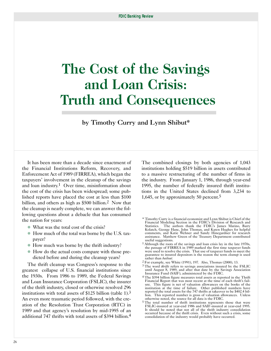The Cost of the Savings and Loan Crisis: Truth and Consequences - Timothy Curry, Lynn Shibut, Page 1