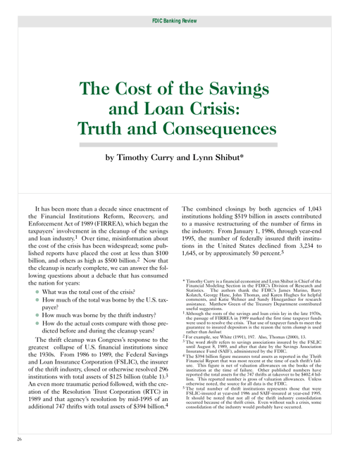 The Cost of the Savings and Loan Crisis: Truth and Consequences - Timothy Curry, Lynn Shibut