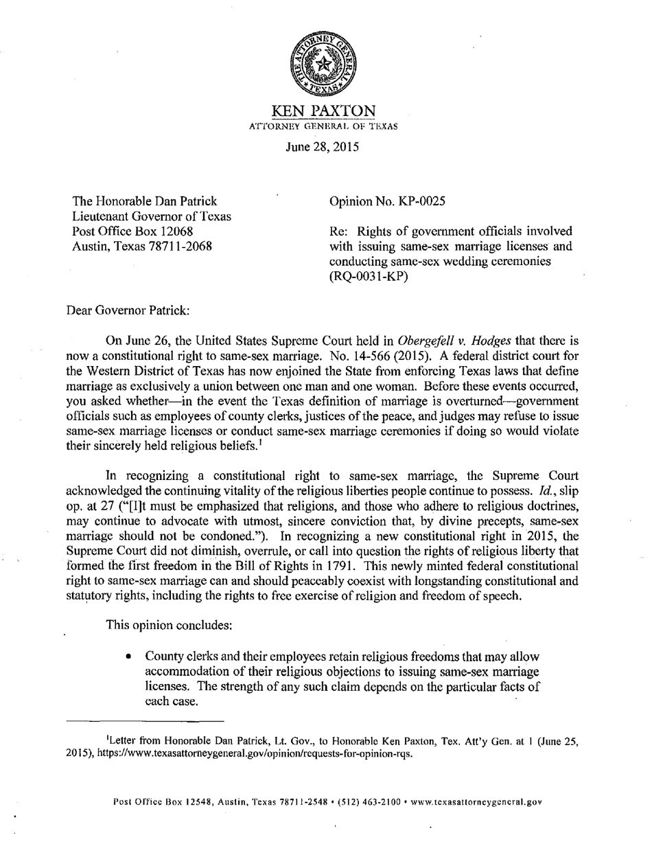 Opinion No. Kp-0025 - Rights of Government Officials Involved With Issuing Same-Sex Marriage Licenses and Conducting Same-Sex Wedding Ceremonies (Rq-0031-kp) - Kansas, Page 1