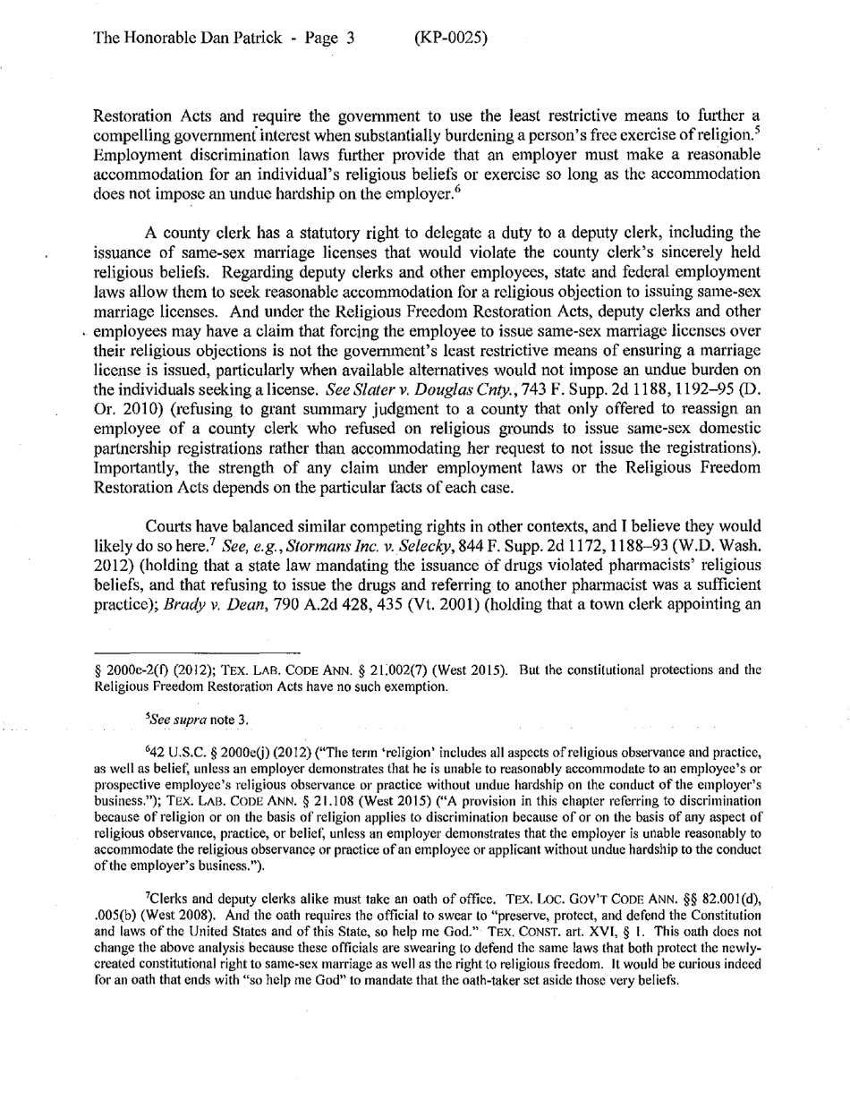Opinion No. Kp-0025 - Rights of Government Officials Involved With Issuing Same-Sex Marriage Licenses and Conducting Same-Sex Wedding Ceremonies (Rq-0031-kp) - Kansas, Page 3