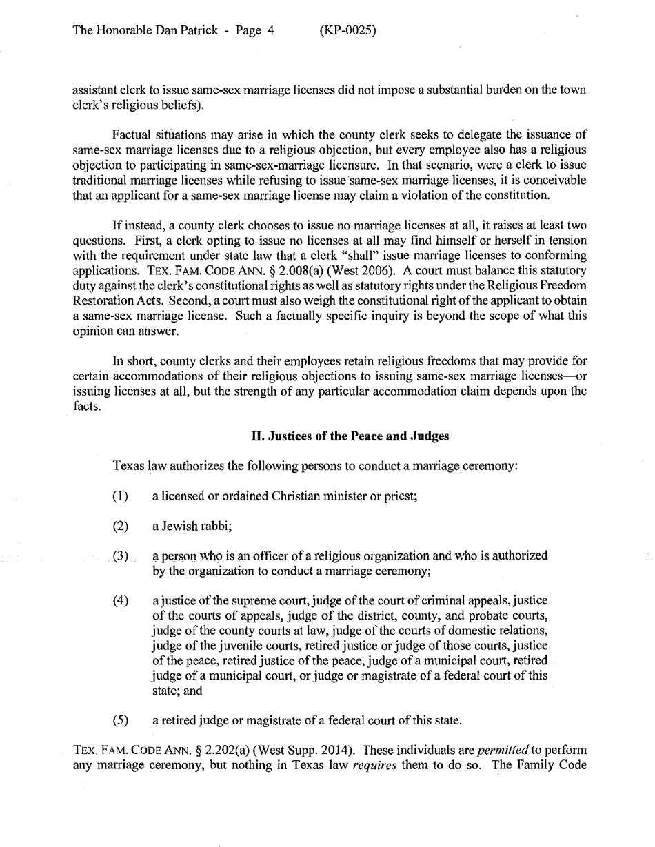 Opinion No. Kp-0025 - Rights of Government Officials Involved With Issuing Same-Sex Marriage Licenses and Conducting Same-Sex Wedding Ceremonies (Rq-0031-kp) - Kansas, Page 4