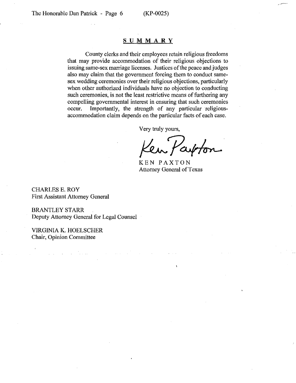 Opinion No. Kp-0025 - Rights of Government Officials Involved With Issuing Same-Sex Marriage Licenses and Conducting Same-Sex Wedding Ceremonies (Rq-0031-kp) - Kansas, Page 6