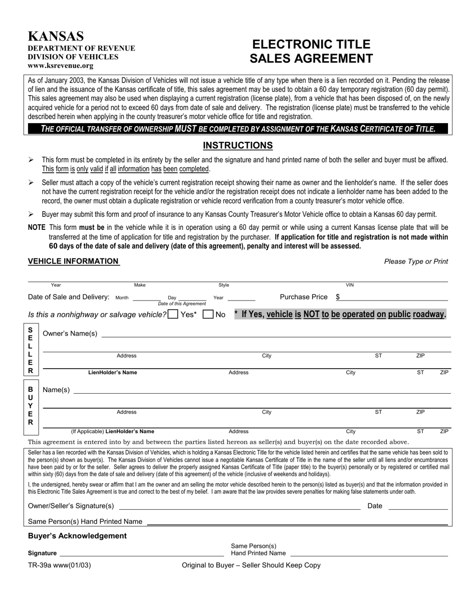 Form TR-39a Electronic Title Sales Agreement - Kansas, Page 1