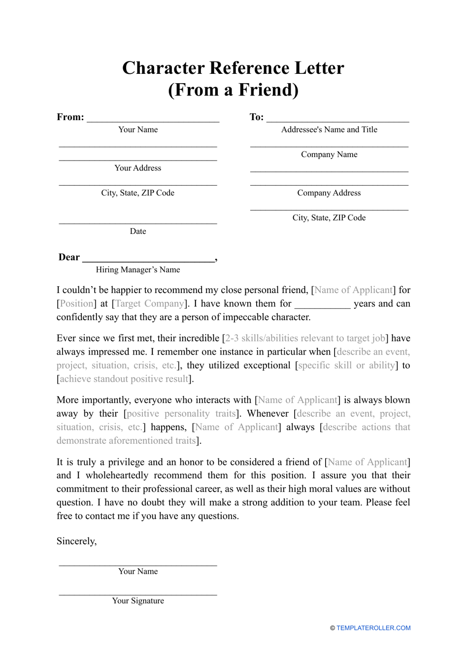 Character Reference Letter From A Friend Download Printable Pdf Templateroller