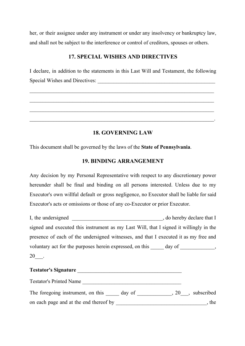 Pennsylvania Last Will and Testament Template Download Printable PDF