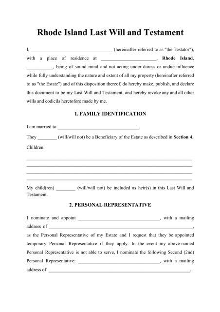 Last Will and Testament Template - Rhode Island