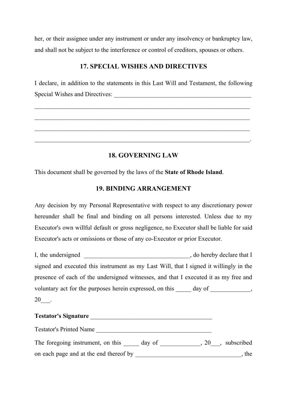 Last Will and Testament Template - Rhode Island, Page 13