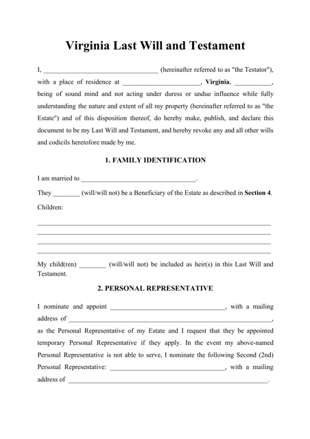Last Will and Testament Template - Virginia