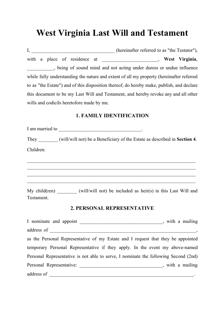 Last Will and Testament Template - West Virginia