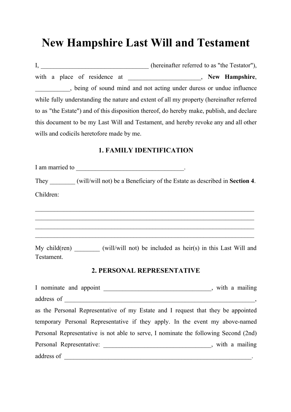 New Hampshire Last Will and Testament Template Download Printable PDF New Hampshire Last Will and Testament Template Download Printable PDF