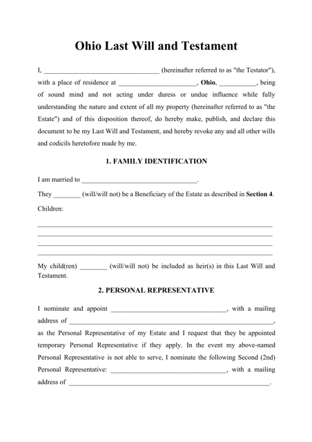 Ohio Last Will And Testament Download Printable Pdf Templateroller