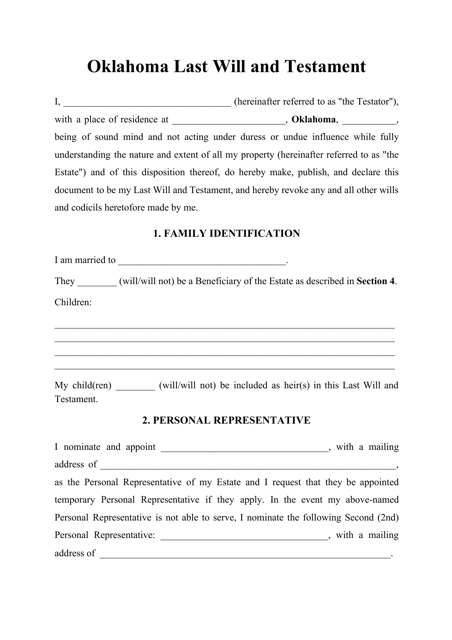 Last Will and Testament Template - Oklahoma