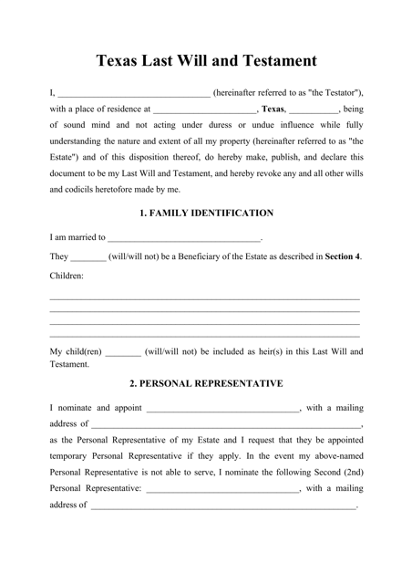 Texas Last Will And Testament Download Printable Pdf Templateroller