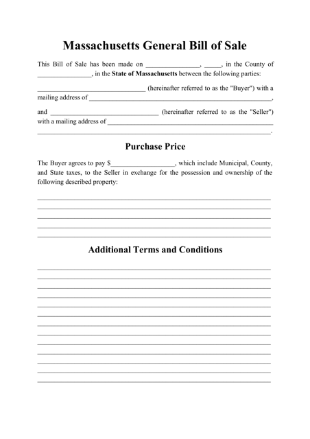 Generic Bill of Sale Form - Massachusetts