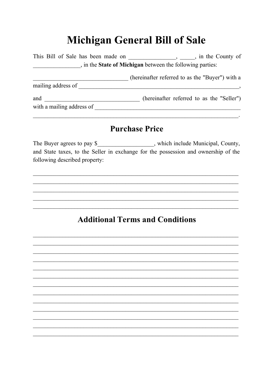 Printable Bill Of Sale Michigan