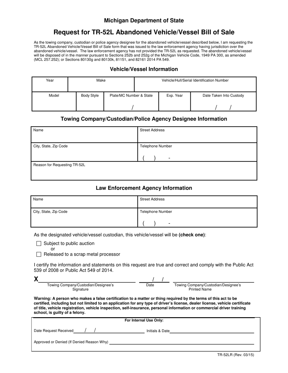 Form TR-52LR Request for Tr-52l Abandoned Vehicle / Vessel Bill of Sale - Michigan, Page 1