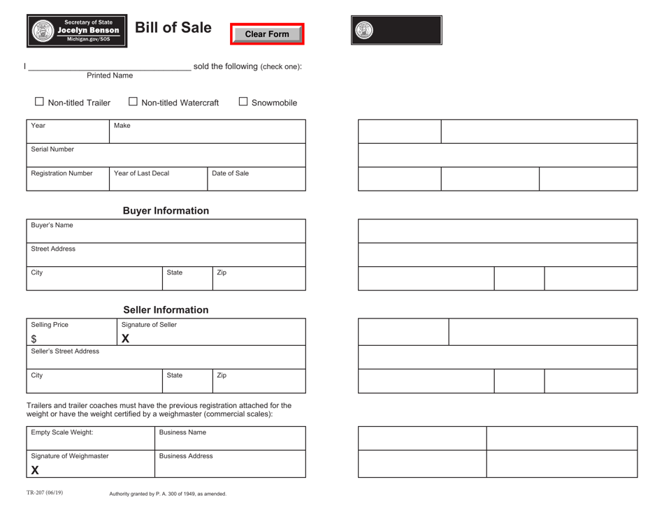 form-tr-207-download-printable-pdf-or-fill-online-bill-of-sale-for-trailer-watercraft-or