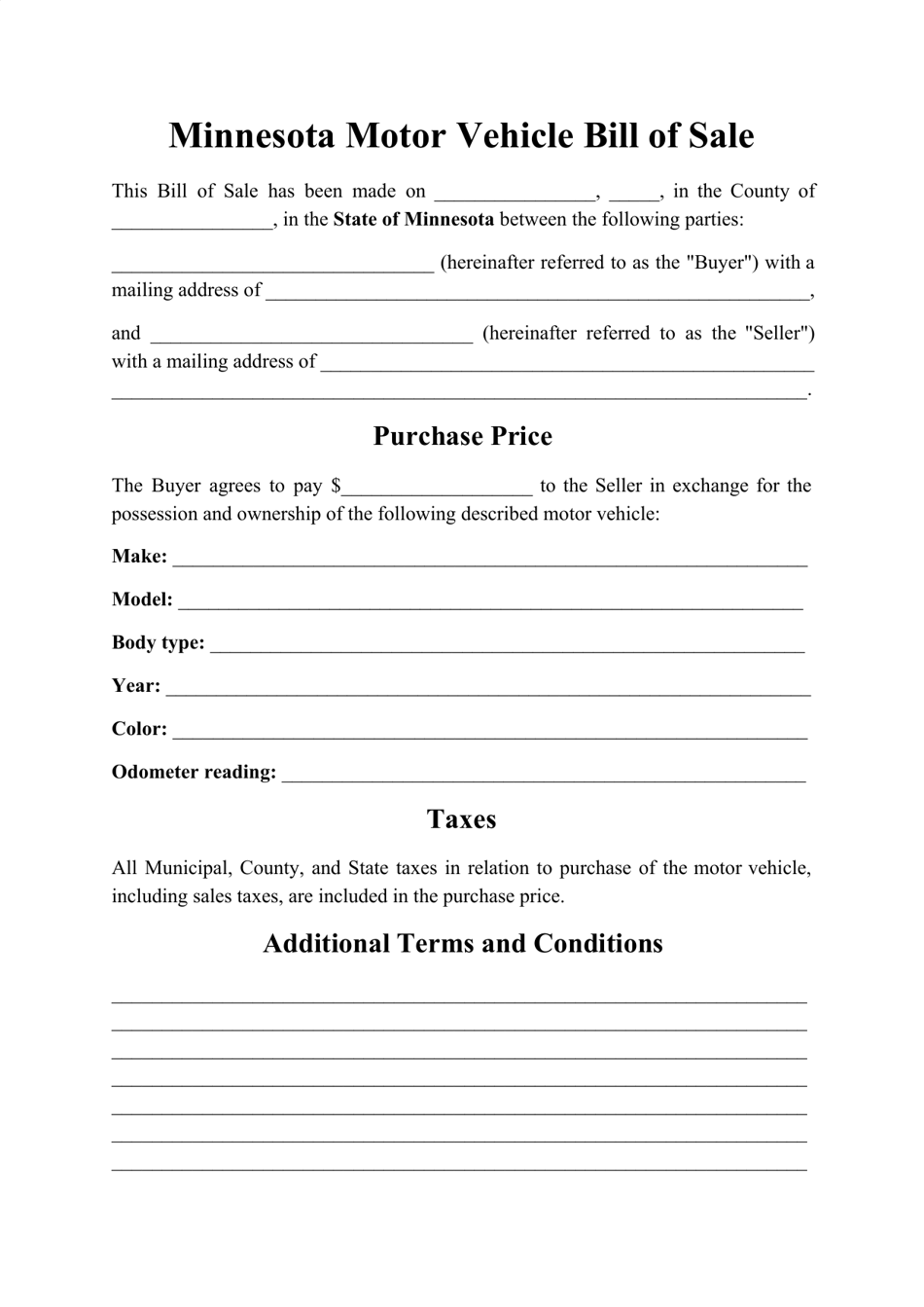 Minnesota Motor Vehicle Bill Of Sale Form Download Printable PDF Templateroller