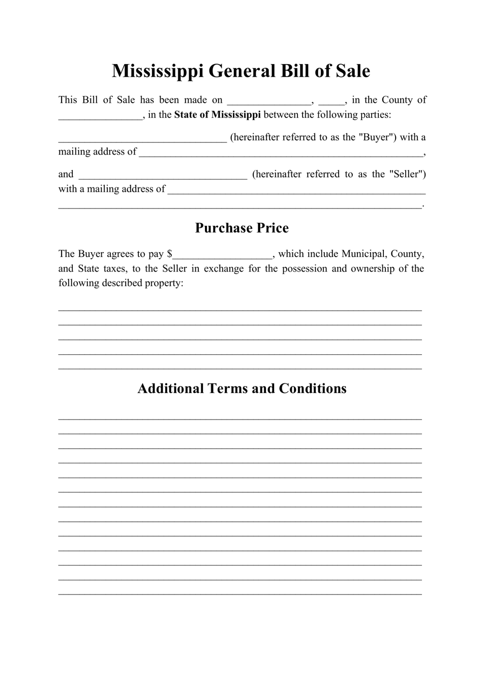 Generic Bill of Sale Form - Mississippi, Page 1