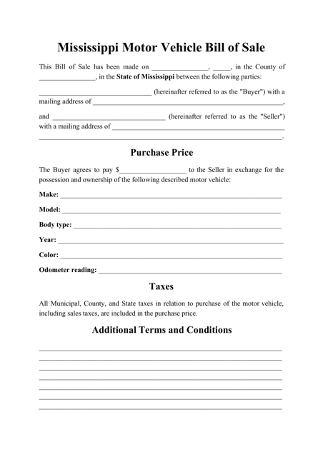 Motor Vehicle Bill of Sale Form - Mississippi Download Pdf