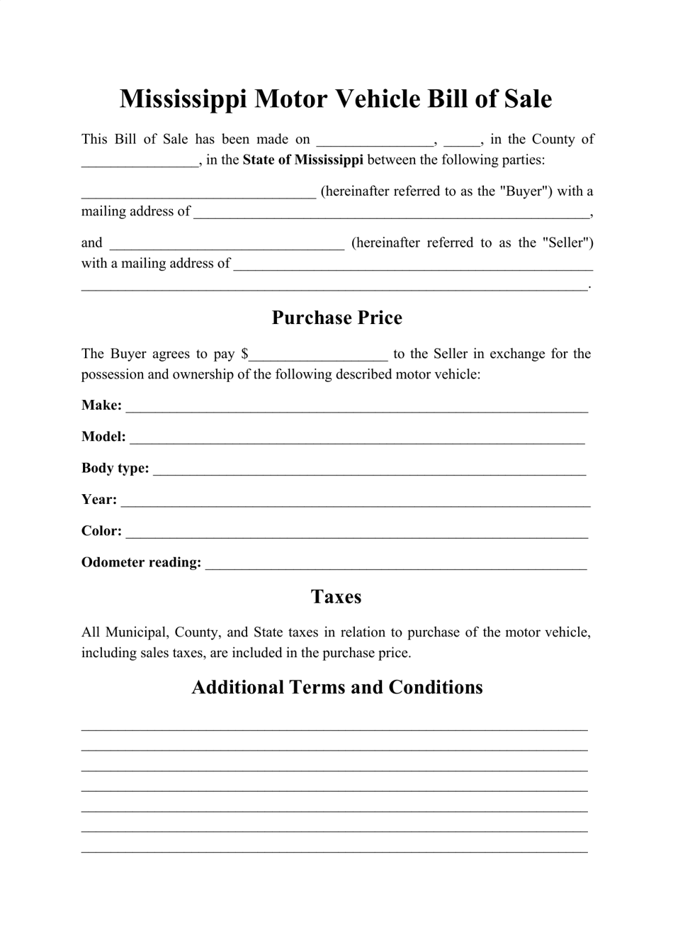 Mississippi Motor Vehicle Bill Of Sale Form Fill Out Sign Online And 