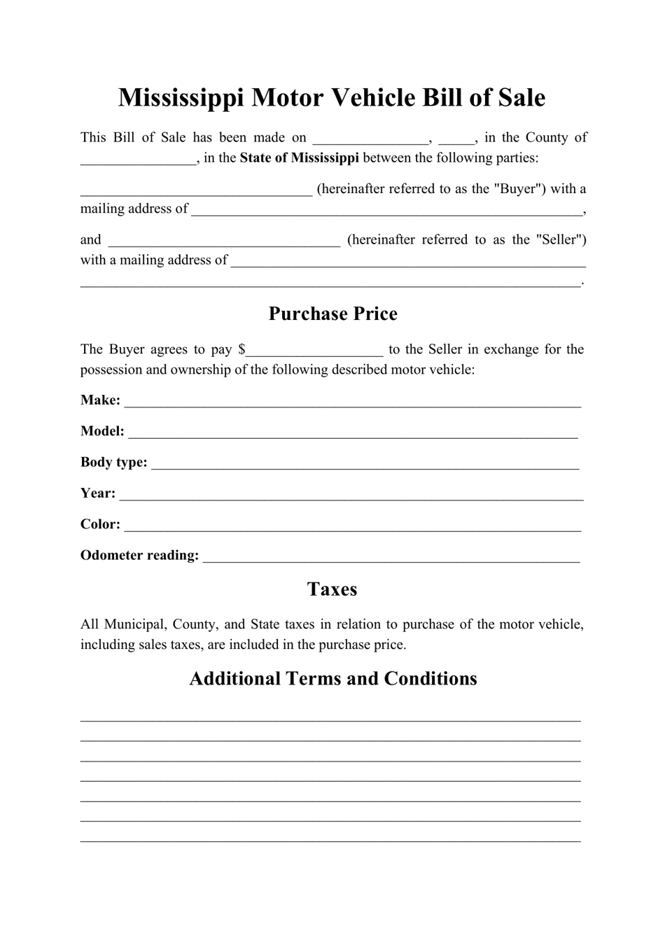 Motor Vehicle Bill of Sale Form - Mississippi, Page 1