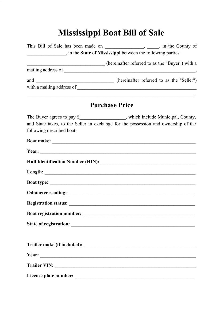 Boat Bill of Sale Form - Mississippi, Page 1