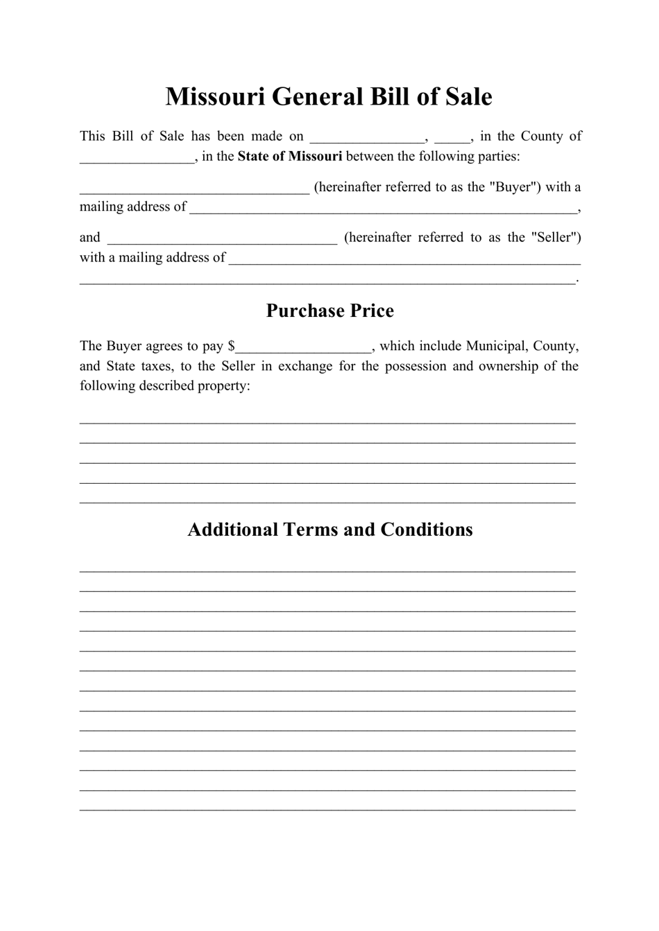 Missouri Generic Bill Of Sale Form Fill Out Sign Online And Download 