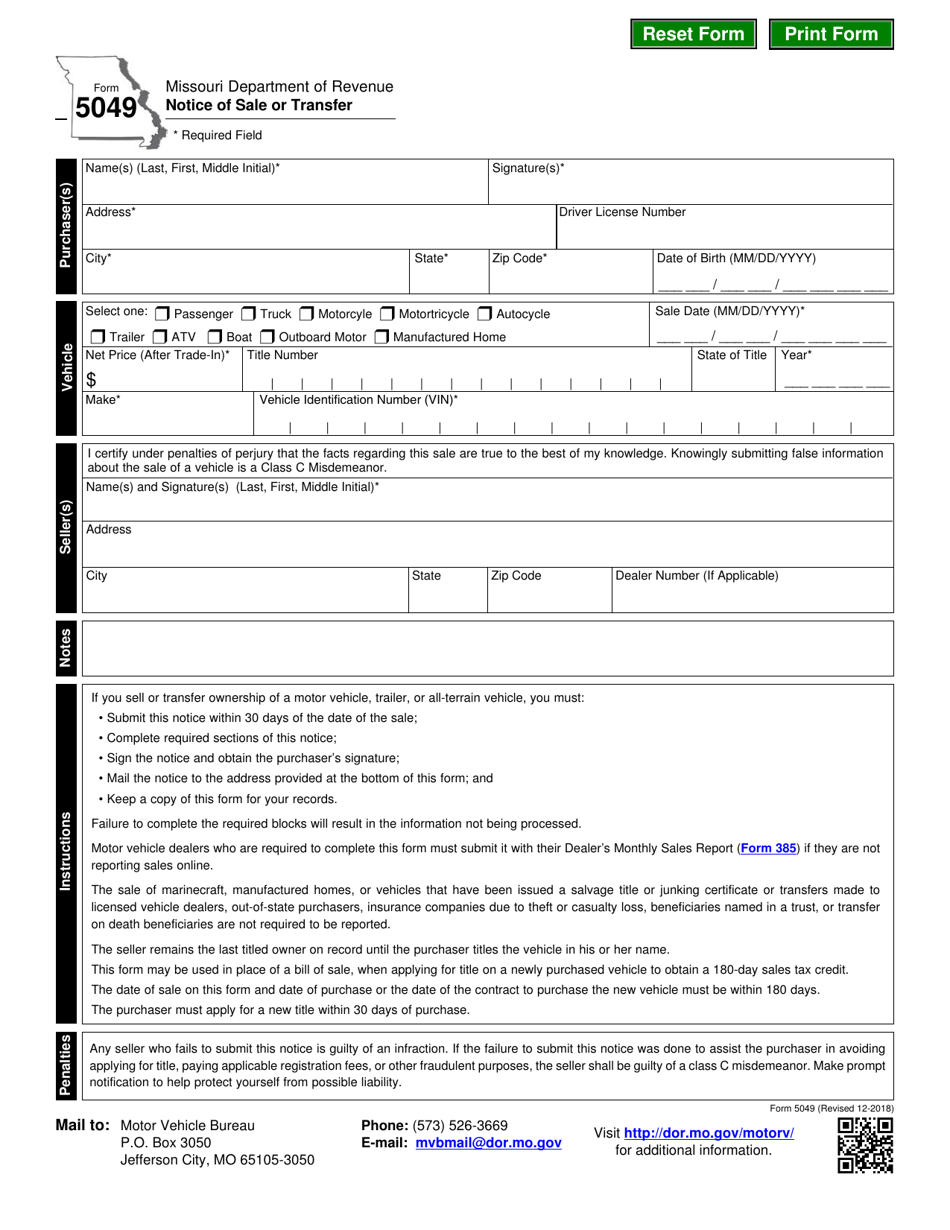 Form 5049 Notice of Sale or Transfer - Missouri, Page 1