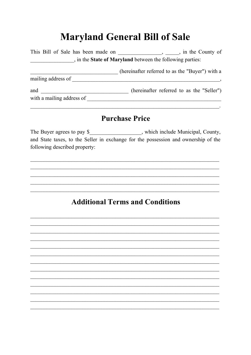 Generic Bill of Sale Form - Maryland, Page 1