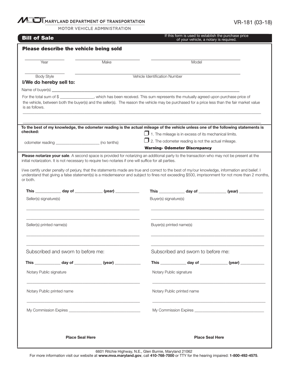 Form VR-181 Vehicle Bill of Sale - Maryland, Page 1