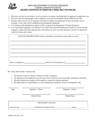 DNR Form B-104 &quot;Builder's Certificate of Origin for a Vessel Built for Own Use&quot; - Maryland