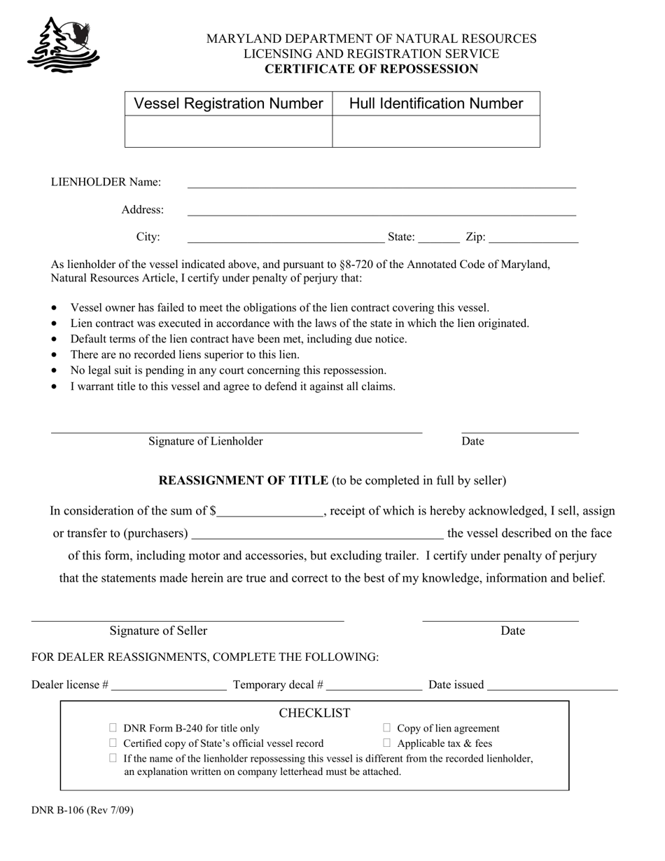 DNR Form B-106 Certificate of Repossession - Maryland, Page 1