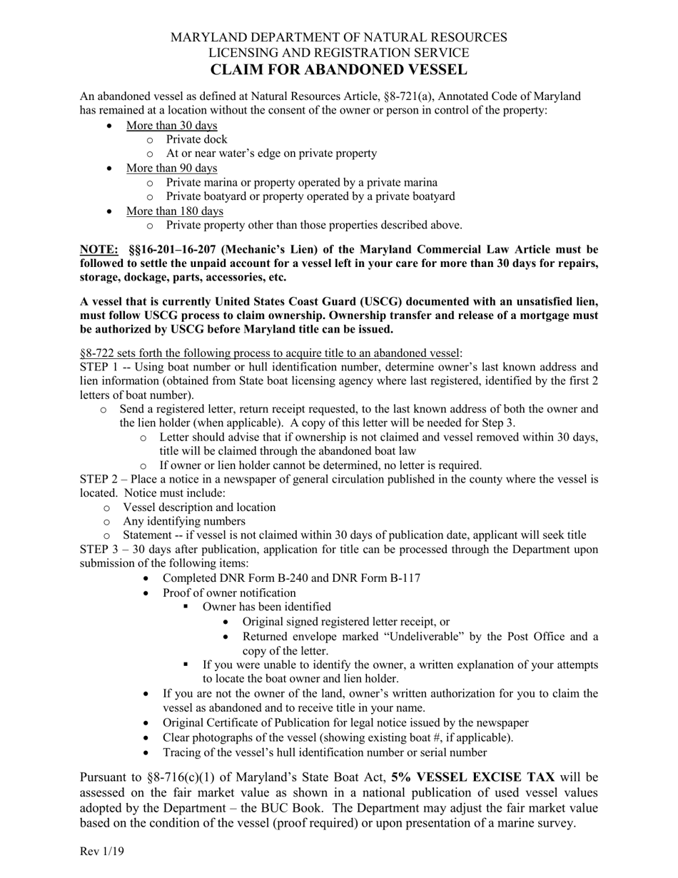 Instructions for DNR Form B-117 Claim for Abandoned Vessel - Maryland, Page 1
