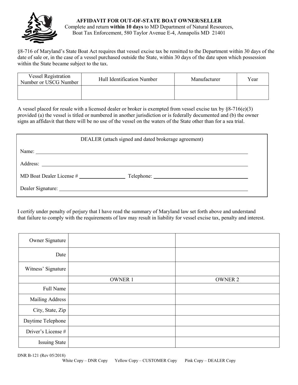 DNR Form B-121 Affidavit for Out-of-State Boat Owner / Seller - Maryland, Page 1