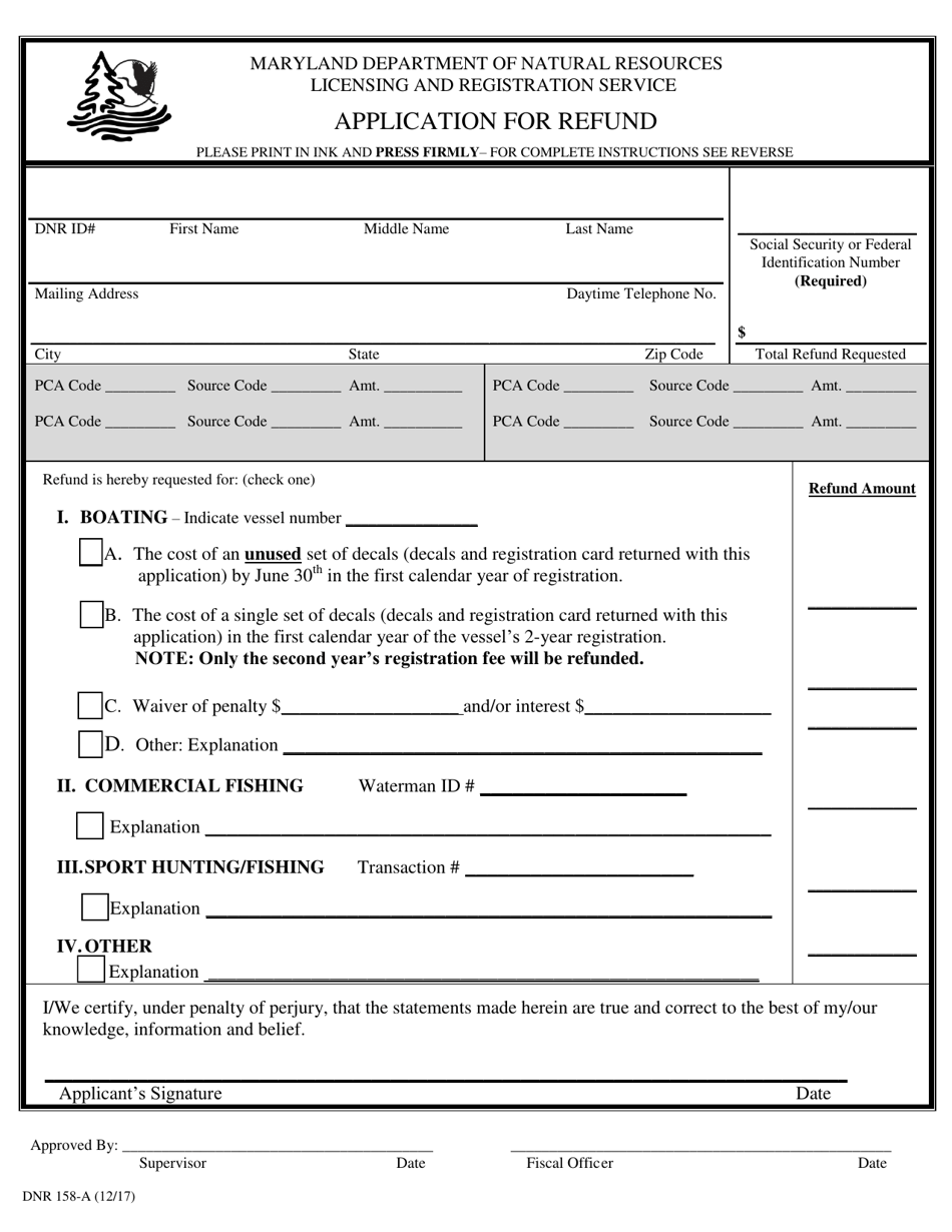 DNR Form 158-A Application for Refund - Maryland, Page 1